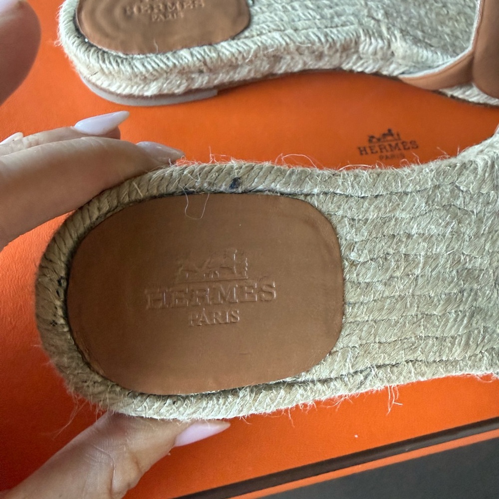 Hermes Brown Leather Espadrille Slide Sandals - Picture 2 of 8